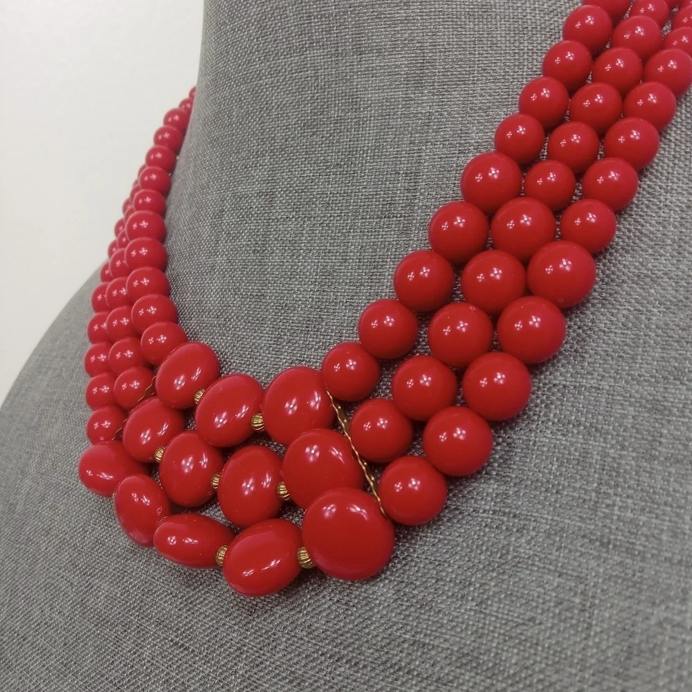 Vintage Red Triple Strand Graduated Bead Necklace with Extender Goldtone Accents